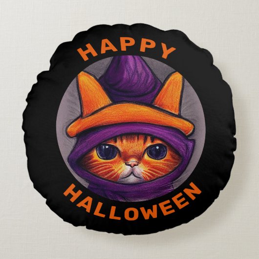 オレンジキャットパープルウィッチハットハッピーハローウィン ラウンドクッション (正面)