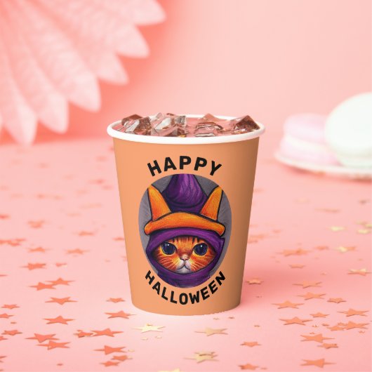 オレンジキャットパープルウィッチハットハローウィンパーティ 紙コップ (インサイチュ)
