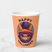 オレンジキャットパープルウィッチハットハローウィンパーティ 紙コップ (正面)