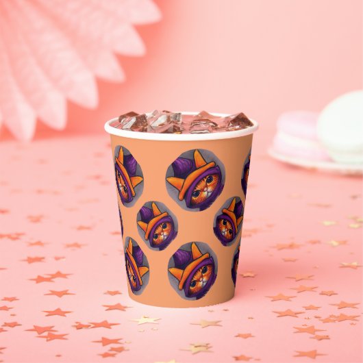 オレンジキャットパープルウィッチハットハローウィンパーティ 紙コップ (インサイチュ)