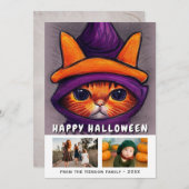 オレンジキャットパープルウィッチハット2写真ハロウィーン シーズンカード (正面/裏面)