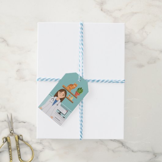 オレンジキャットブルーの獣医の女性獣医ガール ギフトタグ (より糸付き)