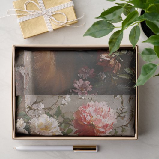 オレンジキャット、アンティークの花絵を描のデコパージュ 薄葉紙 (ギフト)