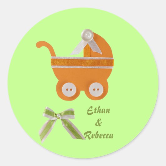 オレンジキャリッジベビーシャワーをパーソナライズ ラウンドシール (正面)