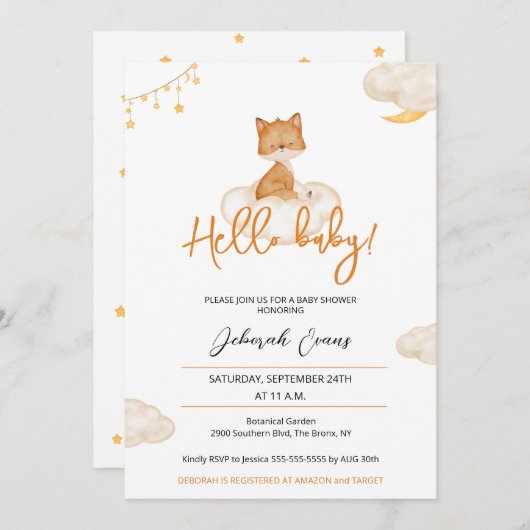 オレンジキュートキツネベビーシャワー招待状 招待状 (正面/裏面)