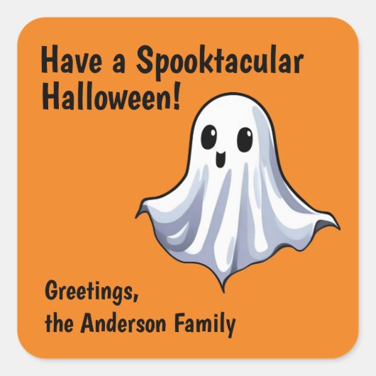オレンジキュートハロウィーン幽霊シール スクエアシール (正面)