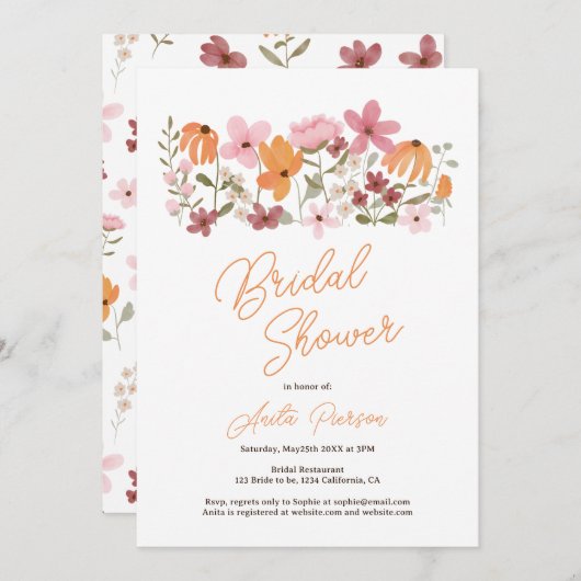 オレンジキュートボホメドワイルドフラワーブライダルシャワー 招待状 (正面/裏面)
