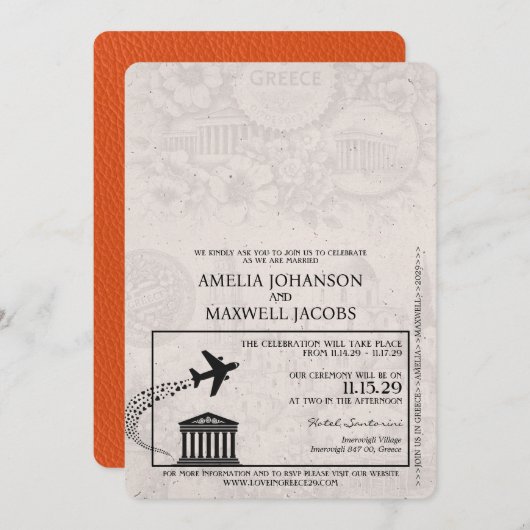 オレンジギリシャパスポート結婚式招待状 招待状 (正面/裏面)