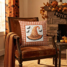 オレンジギンガムのハロウィン魔女の帽子とコウモリ
