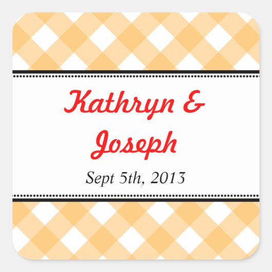 オレンジギンガムカントリーピクニック素朴な結婚式の引き出物 スクエアシール (正面)