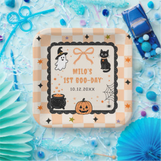 オレンジギンガムチェックのハロウィンお誕生日会 ペーパープレート