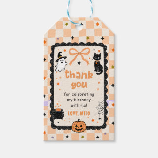 オレンジギンガムチェックのハロウィン誕生日パーティー ギフトタグ