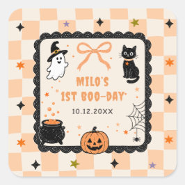 オレンジギンガムチェックのハロウィン誕生日パーティー スクエアシール