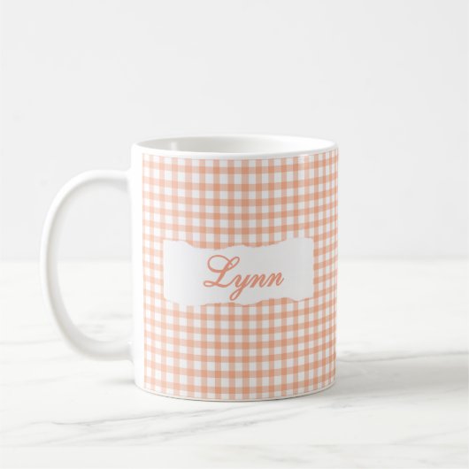 オレンジギンガムチェックの名入れデザイン  コーヒーマグカップ (左)