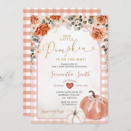 オレンジギンガムフローラカボチャ秋のベビーシャワー 招待状 (正面/裏面)