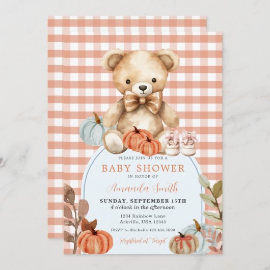 オレンジギンガムベアパンプキンシューズベビーシャワー 招待状 (正面/裏面)