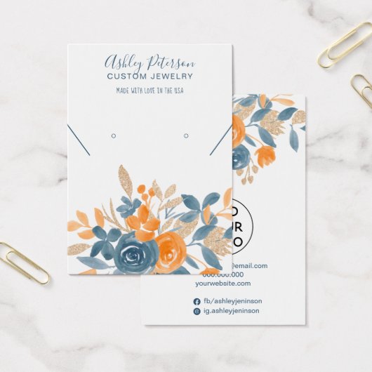 オレンジクール秋ブルーフローラ水彩イヤリング (オフィス)