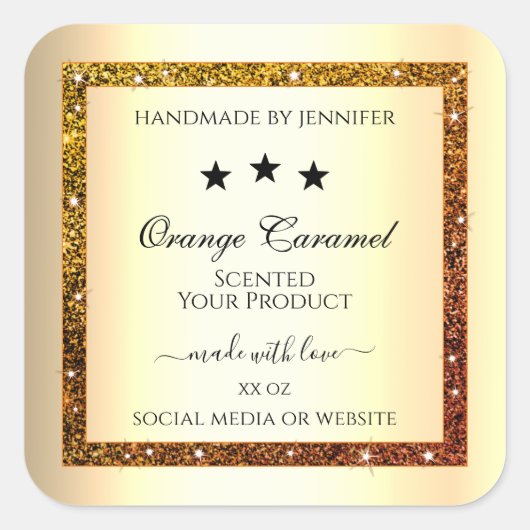 オレンジグリッタースパークル製品ラベル金ゴールド効果 スクエアシール (正面)