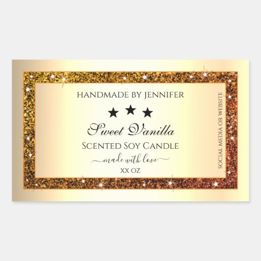 オレンジグリッタースパークル製品ラベル金ゴールド効果 長方形シール (正面)