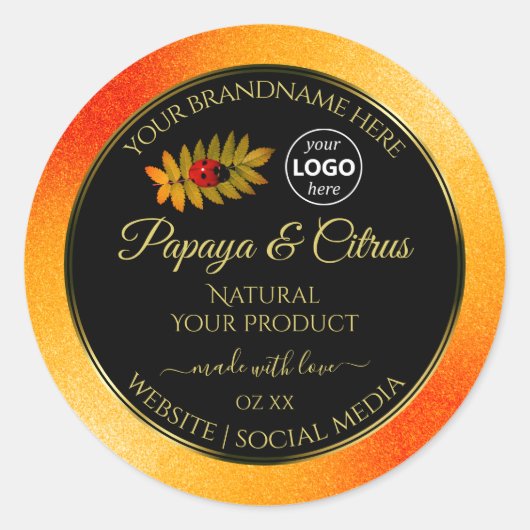 オレンジグリッターブラック製品ラベルLadybugロゴ ラウンドシール (正面)