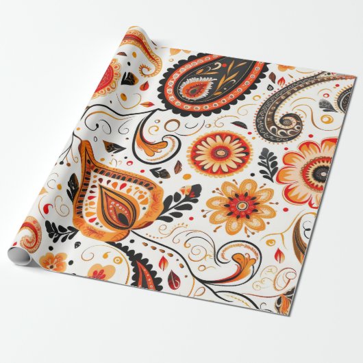 オレンジグリーンかわいらしミックスフローラペイズリーパターン ラッピングペーパー (アンロールド)
