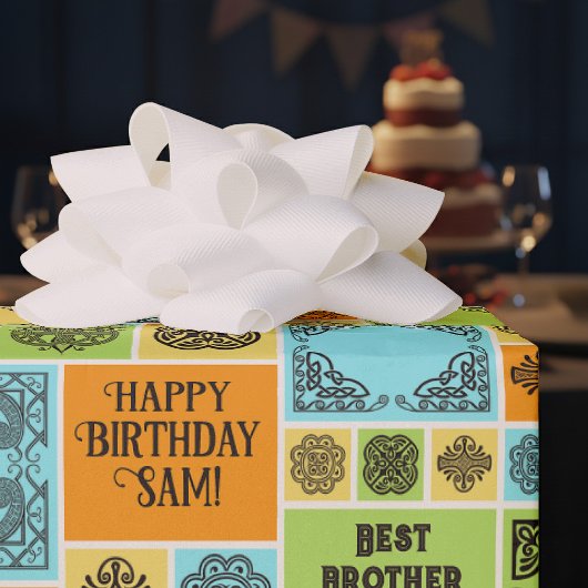 オレンジグリーンの誕生日タイル柄ラッピングペーパー ラッピングペーパー