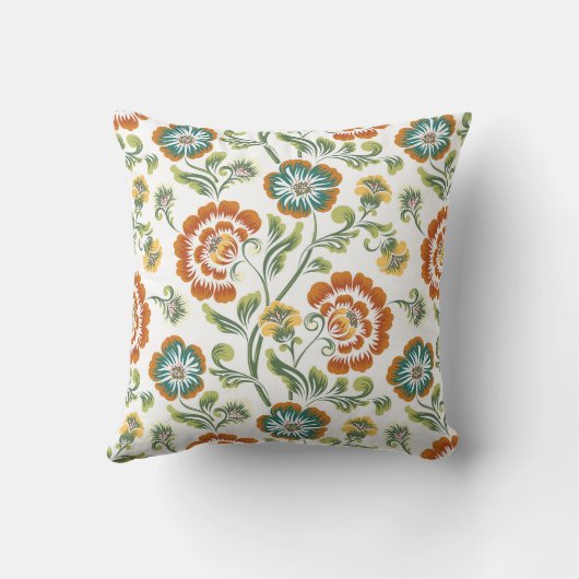 オレンジグリーンイエローホワイトフローラバロック模様 クッション (裏面)