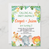 オレンジグリーンツインズパーティーアニマルズサファリ誕生日 招待状 (正面)