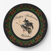 オレンジグリーンハッピーハローウィンウィッチズブロム ペーパープレート (正面)