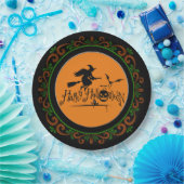 オレンジグリーンハッピーハローウィン魔女とこうもり ペーパープレート (パーティー)