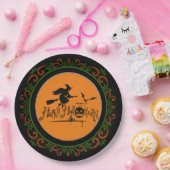 オレンジグリーンハッピーハローウィン魔女とこうもり ペーパープレート (パーティー)