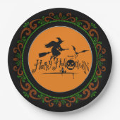 オレンジグリーンハッピーハローウィン魔女とこうもり ペーパープレート (正面)