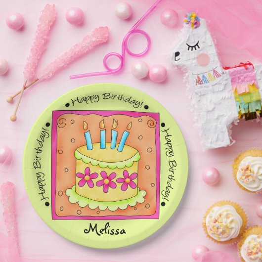 オレンジグリーンハッピーバースデーケーキ名パーソナライズされた ペーパープレート (パーティー)