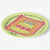 オレンジグリーンハッピーバースデーケーキ名パーソナライズされた ペーパープレート (アングル)