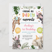 オレンジグリーンバルーンサファリパーティー動物誕生日 招待状 (正面)