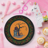 オレンジグリーンブラックキャッツ墓石ツリーハロウィーン ペーパープレート (パーティー)