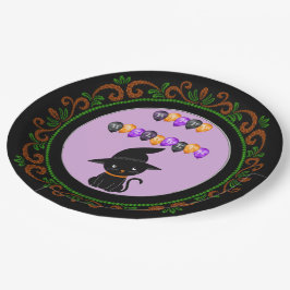 オレンジグリーンブラックキャットウィッチハットハッピーハローウィン ペーパープレート