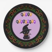 オレンジグリーンブラックキャットウィッチハットハッピーハローウィン ペーパープレート (正面)