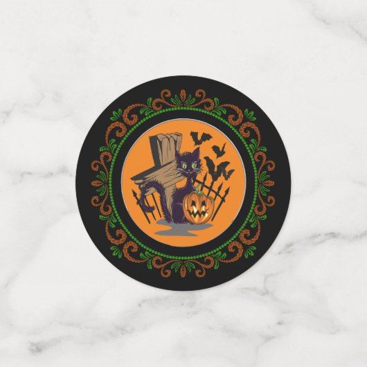オレンジグリーンブラックキャットトンムストーンこうもりハロウィーン コンフェッティ (スモール正面)