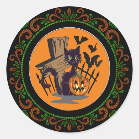オレンジグリーンブラックキャットトンムストーンこうもりハロウィーン ラウンドシール (正面)