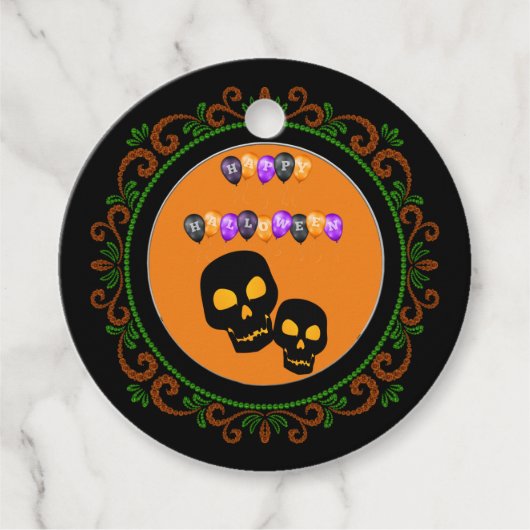 オレンジグリーンブラックスカルハッピーハローウィンバルーン フェイバータグ (正面)