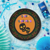 オレンジグリーンブラックスカルハッピーハローウィンバルーン ペーパープレート (パーティー)