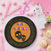 オレンジグリーンブラックスカルハッピーハローウィンバルーン ペーパープレート (パーティー)