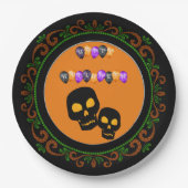 オレンジグリーンブラックスカルハッピーハローウィンバルーン ペーパープレート (正面)