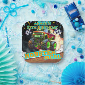 オレンジグリーンモンスタートラックオフロード誕生日スカー ペーパープレート (パーティー)