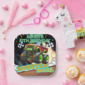 オレンジグリーンモンスタートラックオフロード誕生日スカー ペーパープレート (パーティー)