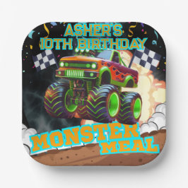 オレンジグリーンモンスタートラックオフロード誕生日スカー ペーパープレート