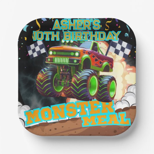 オレンジグリーンモンスタートラックオフロード誕生日スカー ペーパープレート (正面)