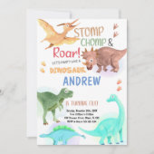 オレンジグリーン恐竜誕生日招待状 招待状 (正面)