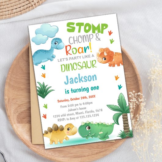 オレンジグリーン恐竜誕生日招待状 招待状